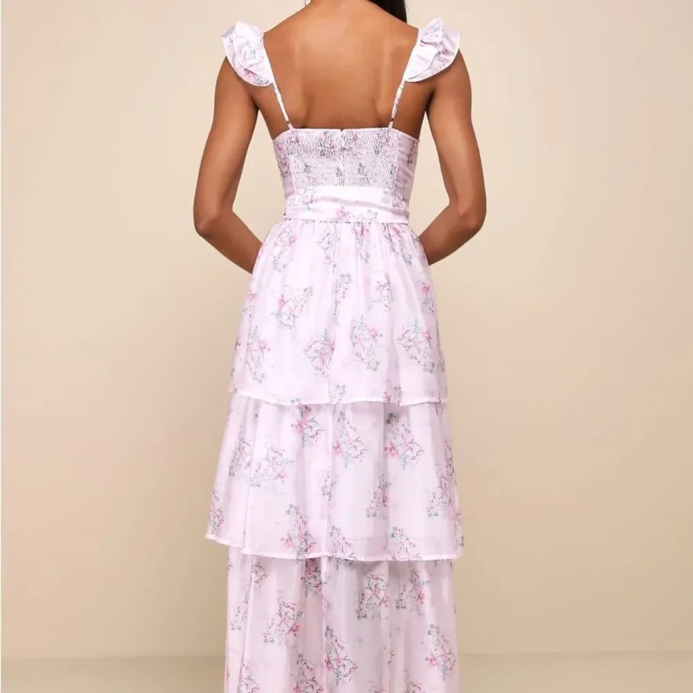 NWT-Lulus- Sweetest Emotion Lilac Floral Ruffled Tiered Bustier Midi Dress-small - Picture 3 of 16